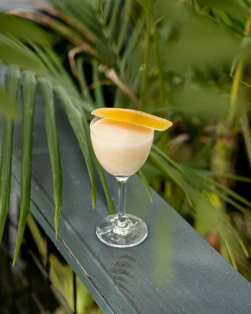 Light creamy cocktail with citrus peel on wooden railing, palm background.