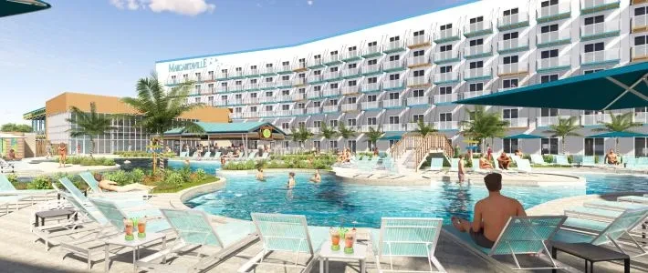 Margaritaville resort: curved building, expansive pool, people, palm trees.