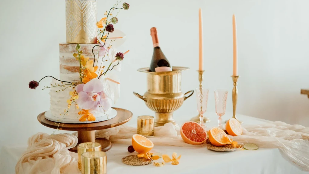 Multi-tiered floral cake, sparkling wine, candles, and citrus on a table.