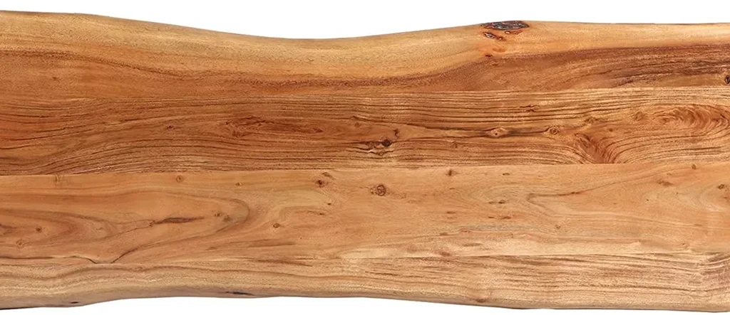 Polished reddish-brown live edge wood surface, prominent grain.