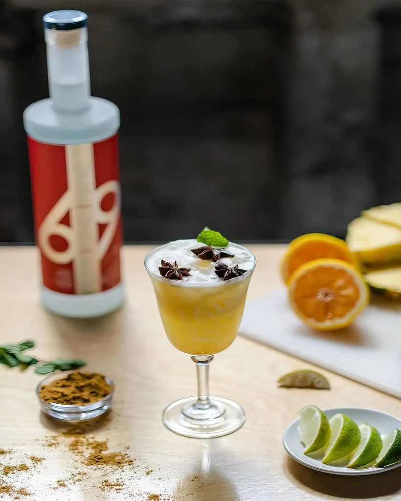Amber cocktail with star anise and mint, on wood with citrus and spices.