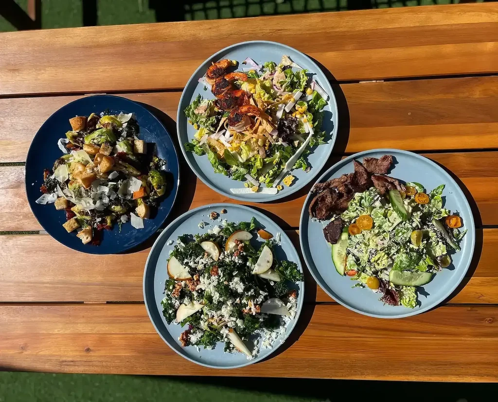 Four distinct salads with shrimp, steak, kale, and brussels sprouts outdoors.
