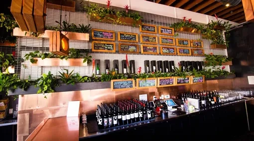 Modern bar interior with plant wall, chalkboards, and copper bar counter.