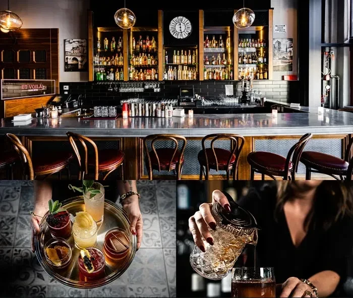 Collage of an upscale bar interior and two detailed cocktail preparations.