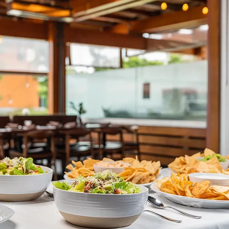 Restaurant table laden with salads, tortilla chips, and dips.