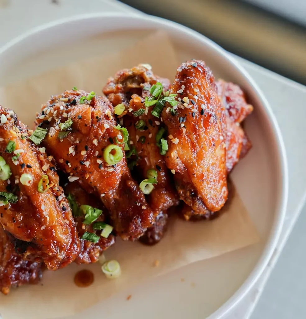 Sticky, reddish-brown glazed chicken wings with scallions and sesame seeds.
