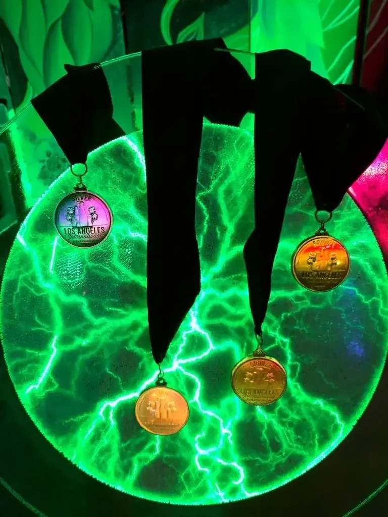 Silver and two bronze medals on black ribbons against green plasma.