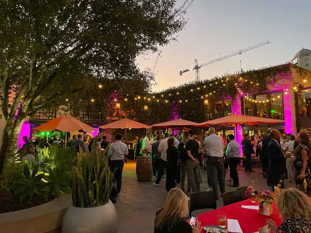 Lively outdoor evening event with a crowd, trees, and colorful lights.