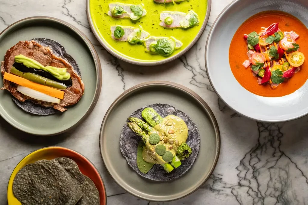 Overhead shot of four artfully plated dishes and tortillas on marble.
