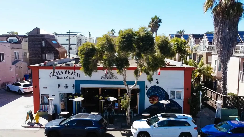 Guava Beach Bar & Grill exterior: gnarled tree, vibrant mural.