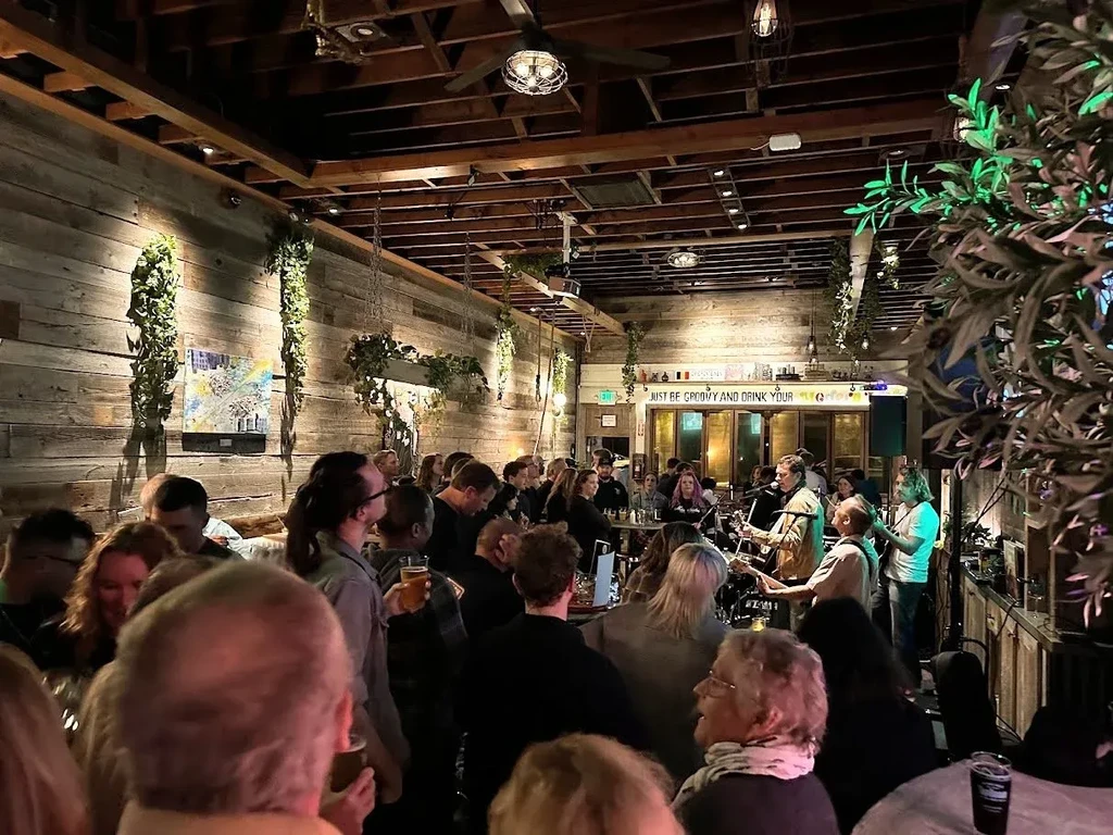 Lively, rustic bar with a band playing for a crowded audience.
