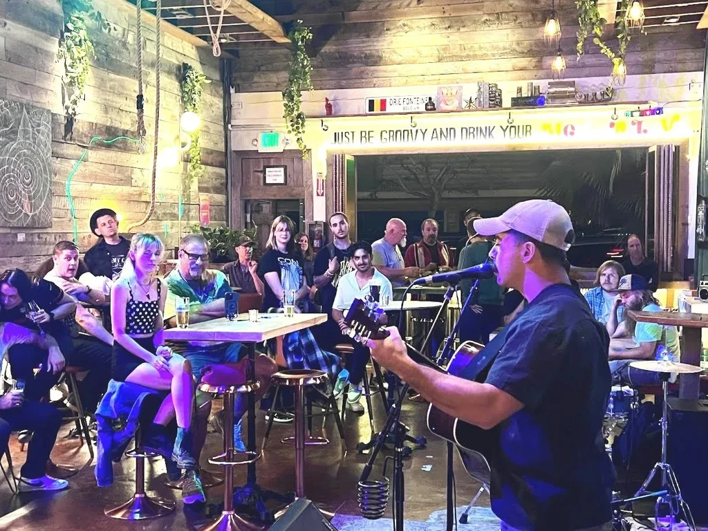 Male musician plays acoustic guitar for a casual bar audience.