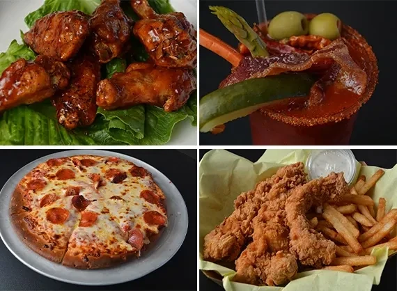 Collage of glazed chicken, garnished cocktail, pepperoni pizza, and chicken tenders.