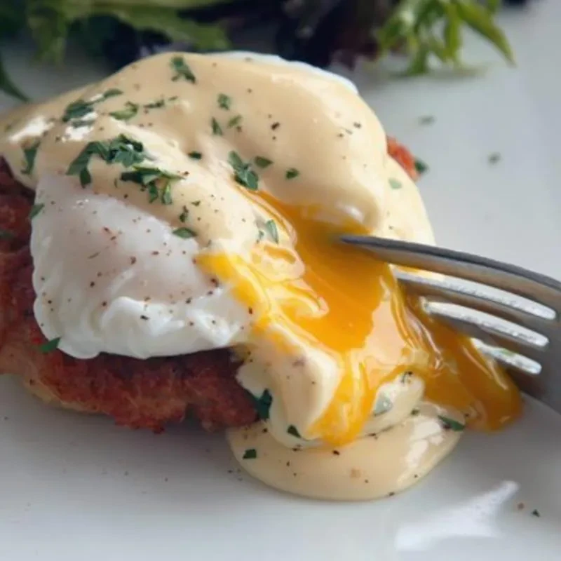 Fork cutting into poached egg with runny yolk, hollandaise, and herbs.