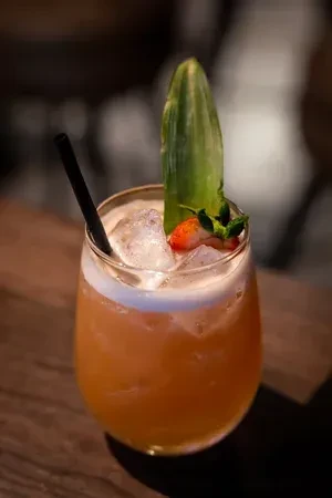 Amber-orange cocktail with strawberry, mint, and tall green leaf.