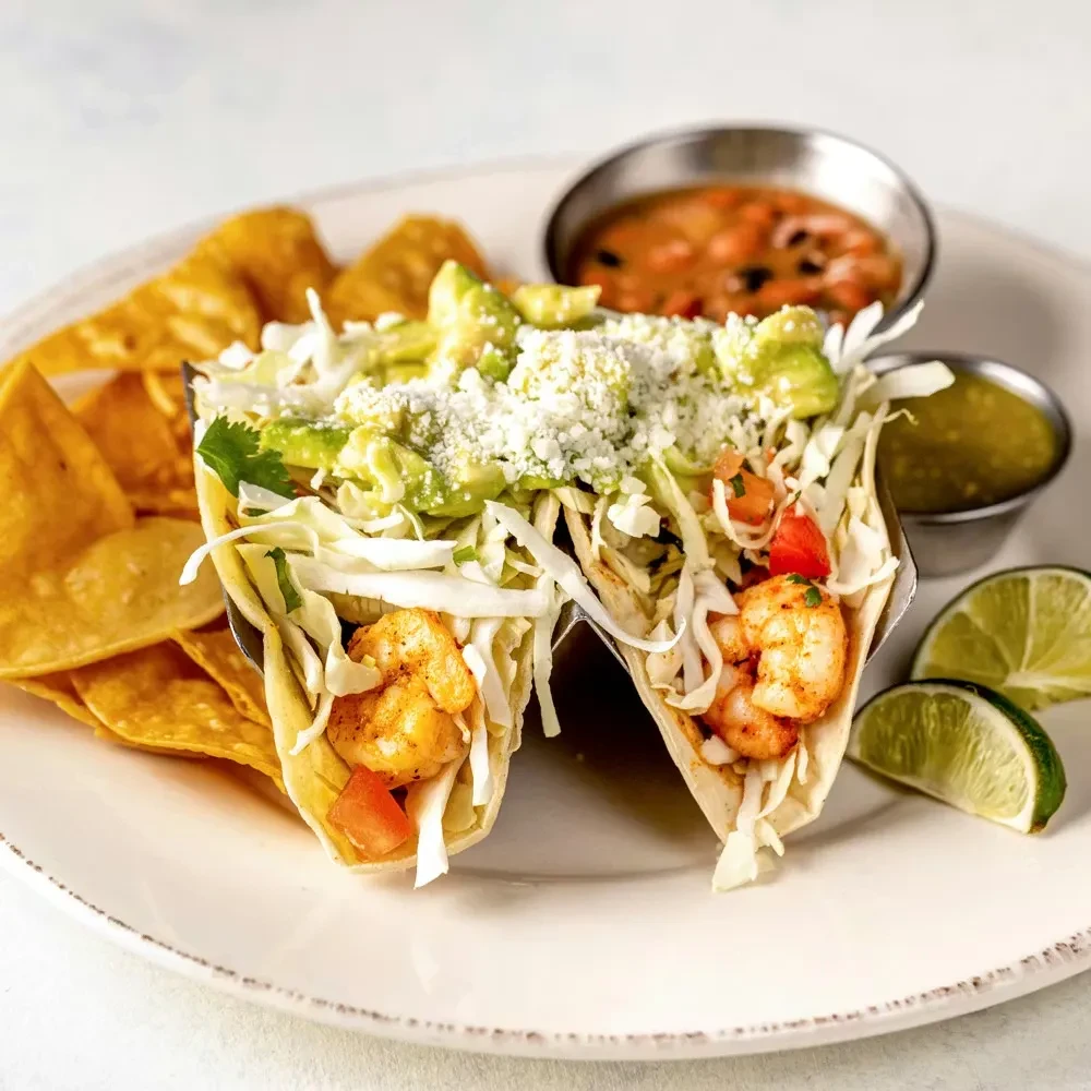 Plate of two shrimp tacos, tortilla chips, red and green salsas.