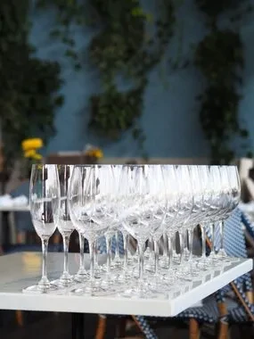 Reflective empty wine glasses on a tray with a plant-covered wall background.