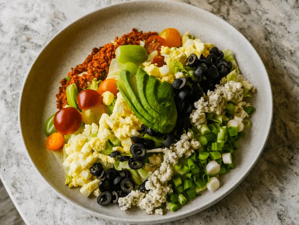 Top-down view: colorful salad with distinct sections of fresh ingredients.