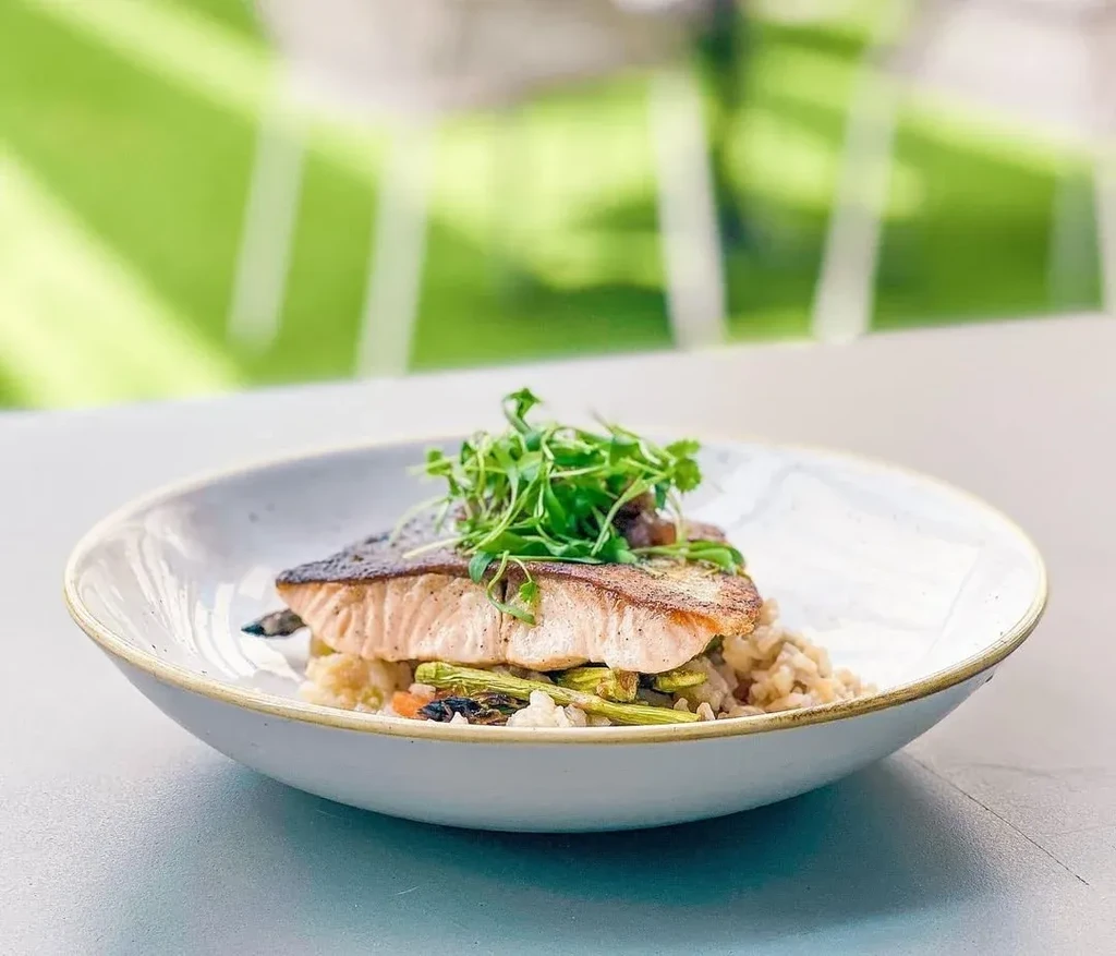 Pan-seared salmon, microgreens, rice, and vegetables in a ceramic bowl.