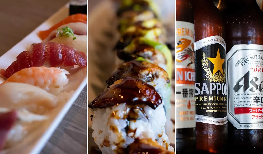 Vertical triptych: nigiri sushi, a sushi roll, and three Japanese beers.