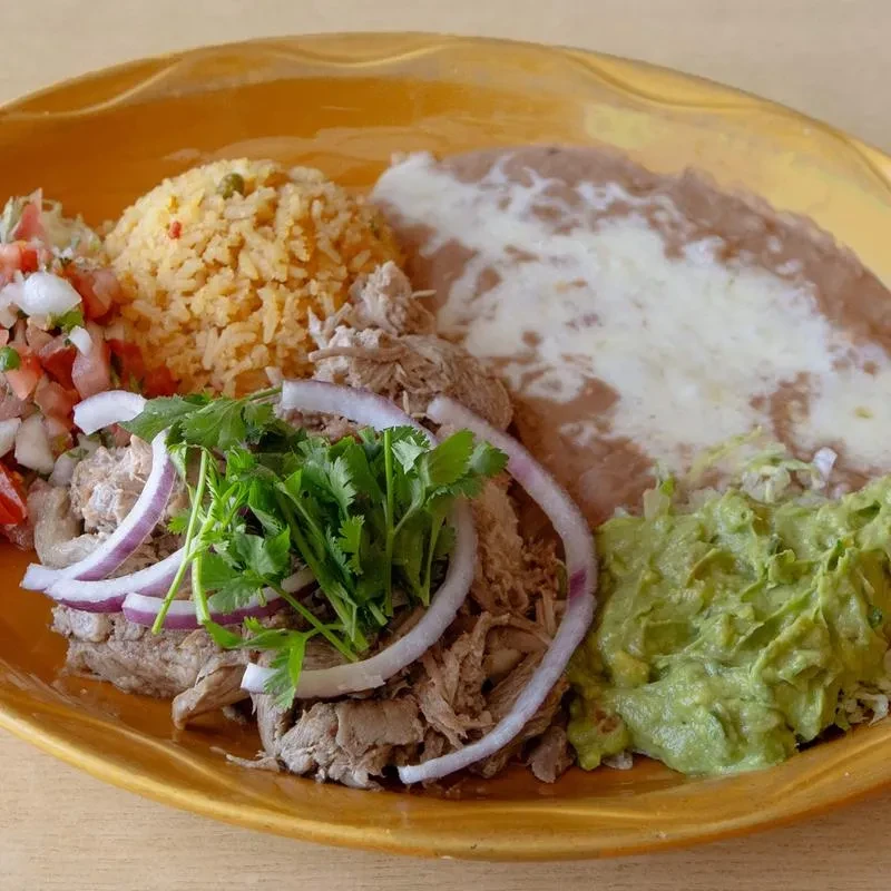 Mexican meal on an oval plate: carnitas, rice, beans, guacamole.