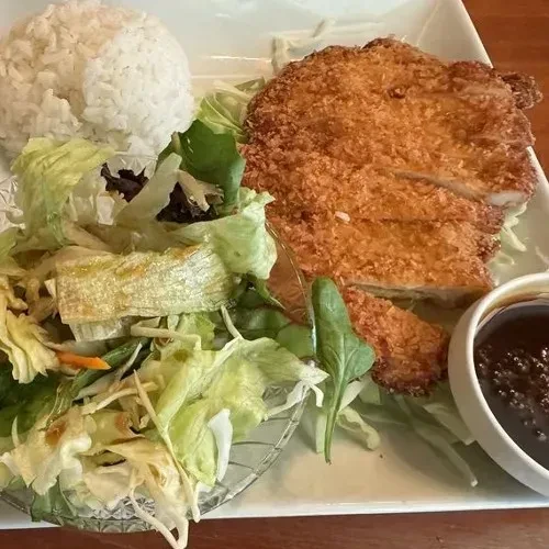 Katsu cutlet meal with rice, green salad, and dipping sauce.