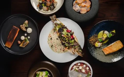 Overhead photo of several artfully plated gourmet fish and vegetable dishes.