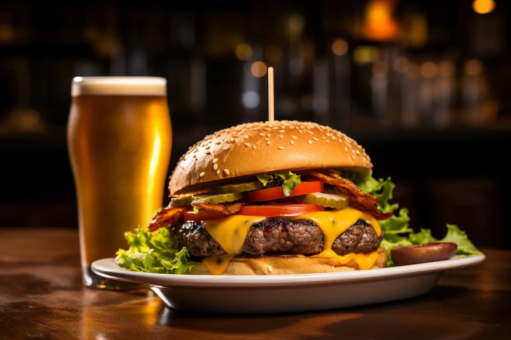 Large cheeseburger, frothy beer, lettuce, bacon, and tomato on wood.