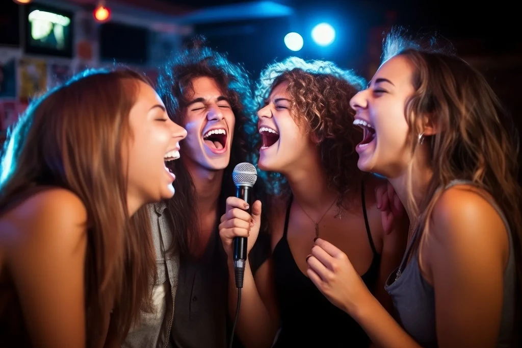 Four young adults enthusiastically sing karaoke in dramatic party lighting.
