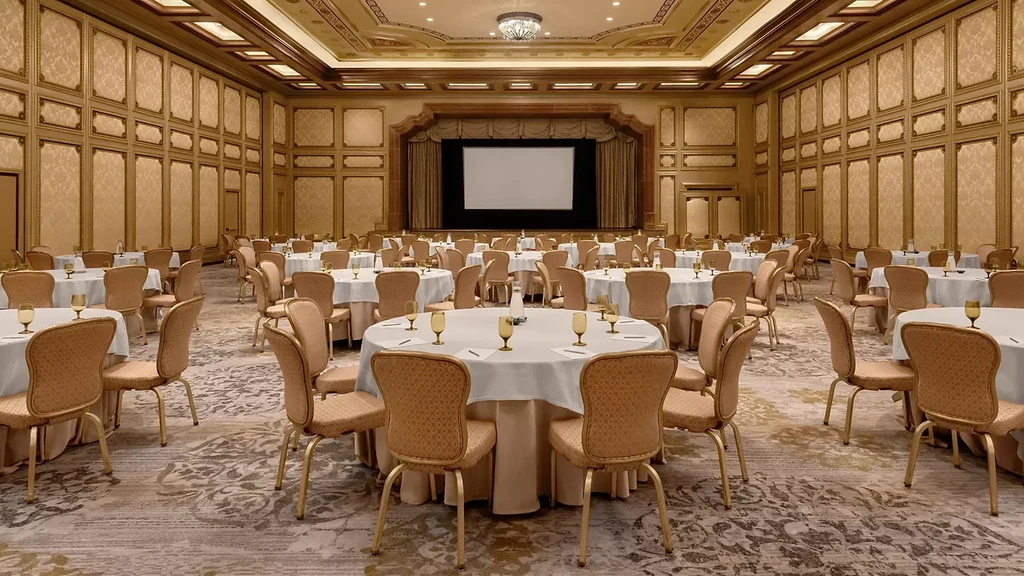 Elegant, empty ballroom set for a large event, with tables and stage.