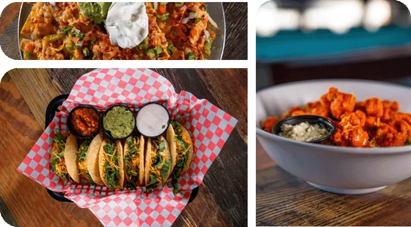 Collage showing loaded nachos, soft tacos, and boneless wings.