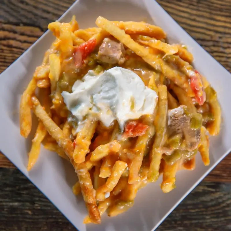 Loaded french fries with melted cheese, meat, and sour cream.