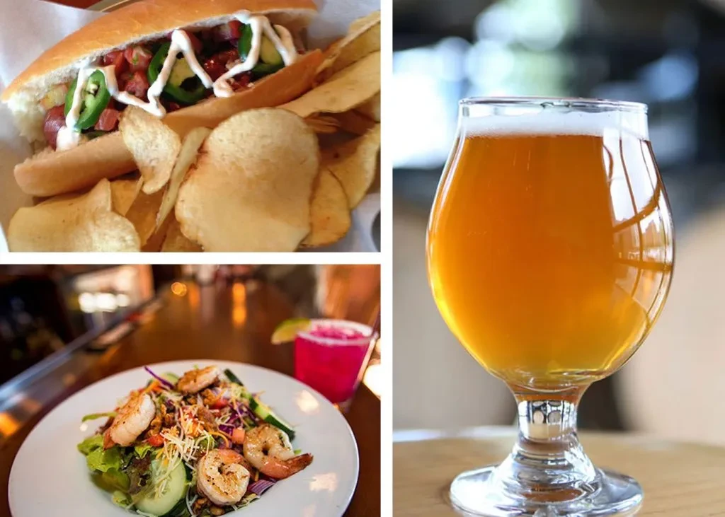Collage of a gourmet hot dog, shrimp salad, and a glass of beer.