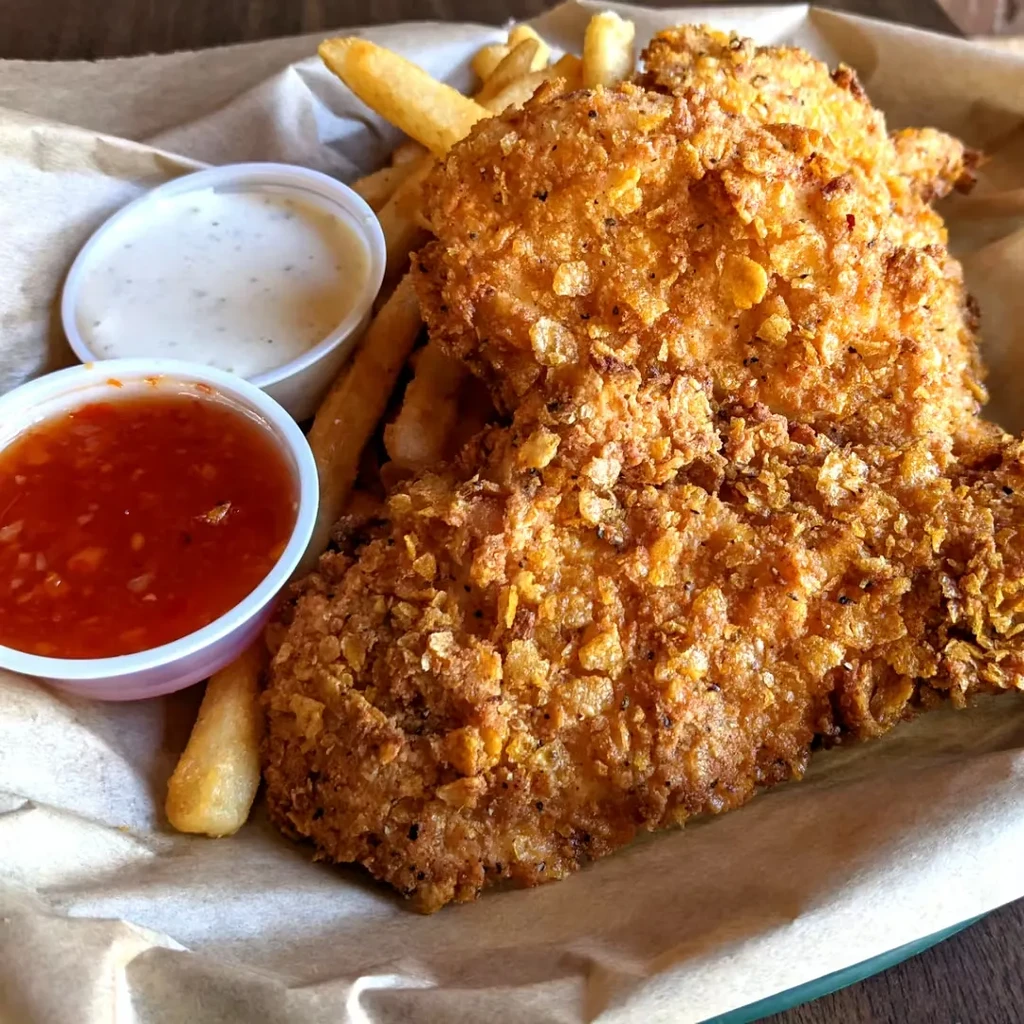 Basket of crispy fried chicken/fish, golden fries, and two dipping sauces.