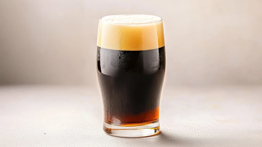 Dark beer with a thick tan head and condensation, studio background.