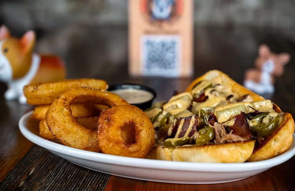 Pulled meat sandwich, golden onion rings, dipping sauce on wood table.