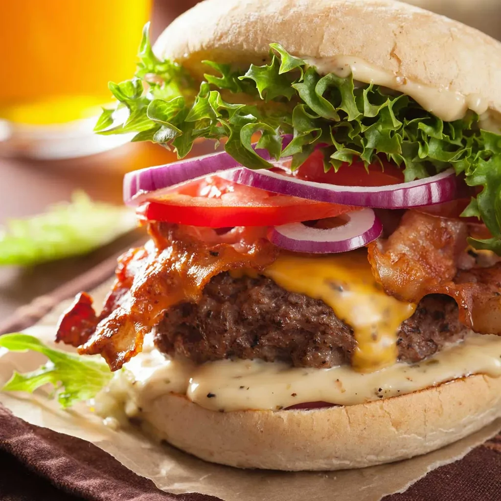 Close-up of a burger with beef, cheese, bacon, lettuce, tomato, onion.