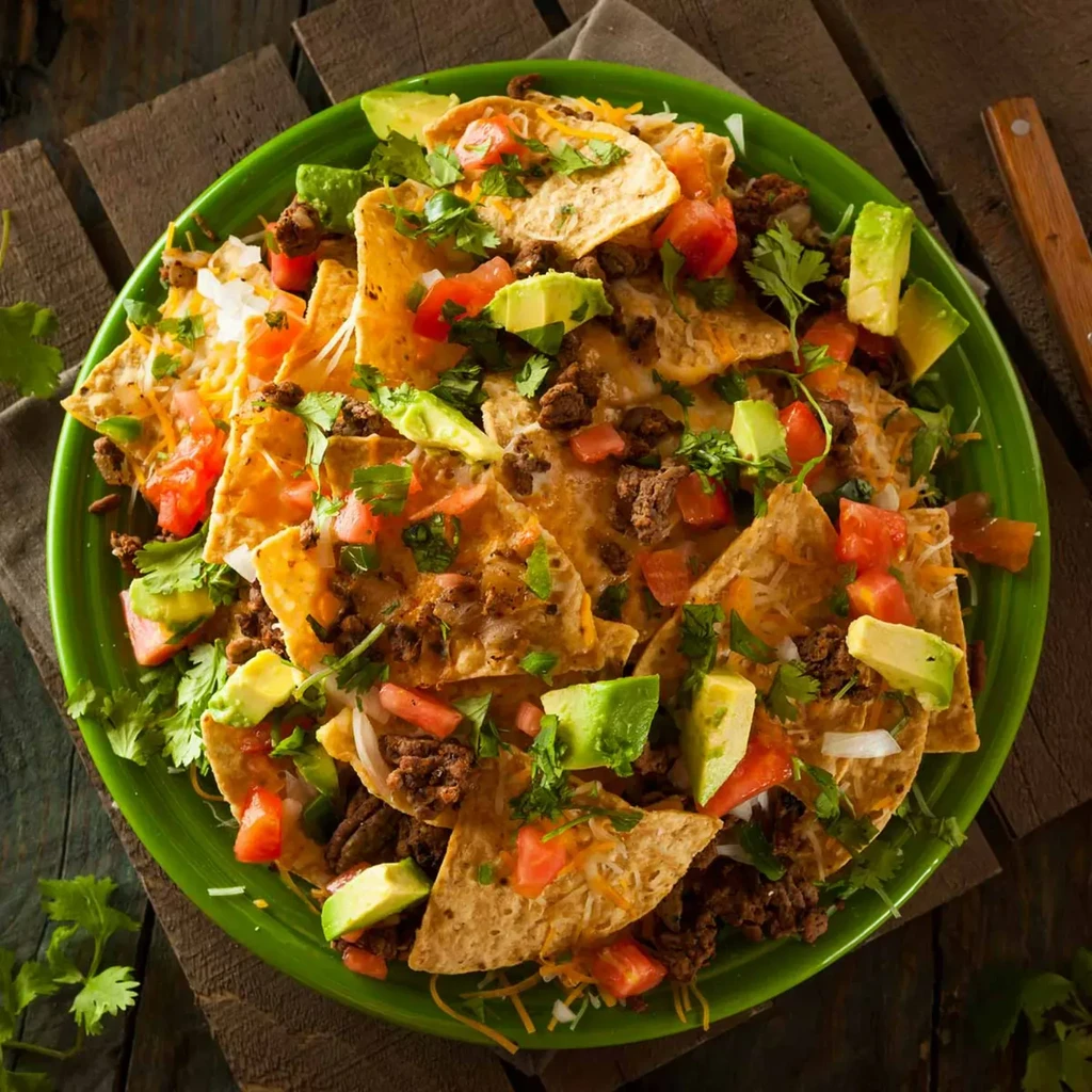Green plate of nachos topped with meat, cheese, tomatoes, avocado, and cilantro.