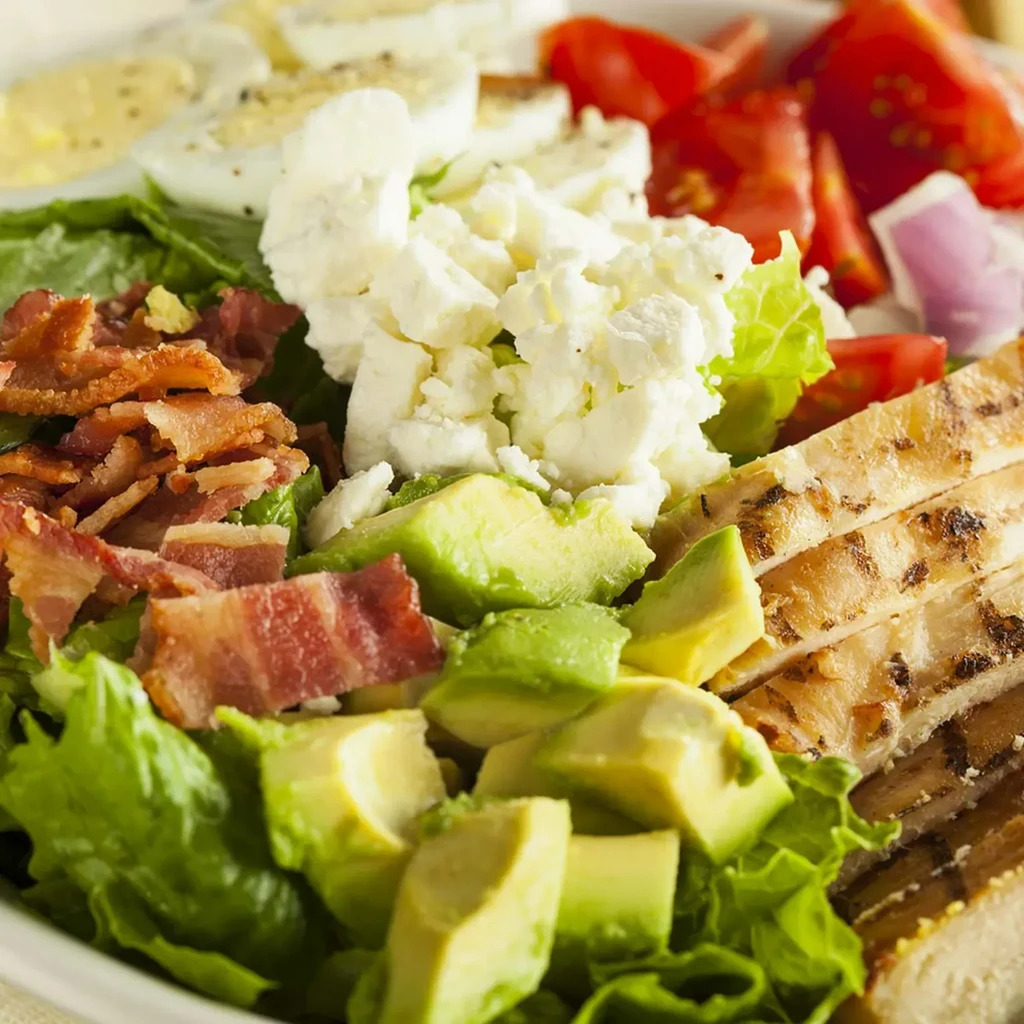 Vibrant salad with grilled chicken, feta, avocado, bacon, and eggs.
