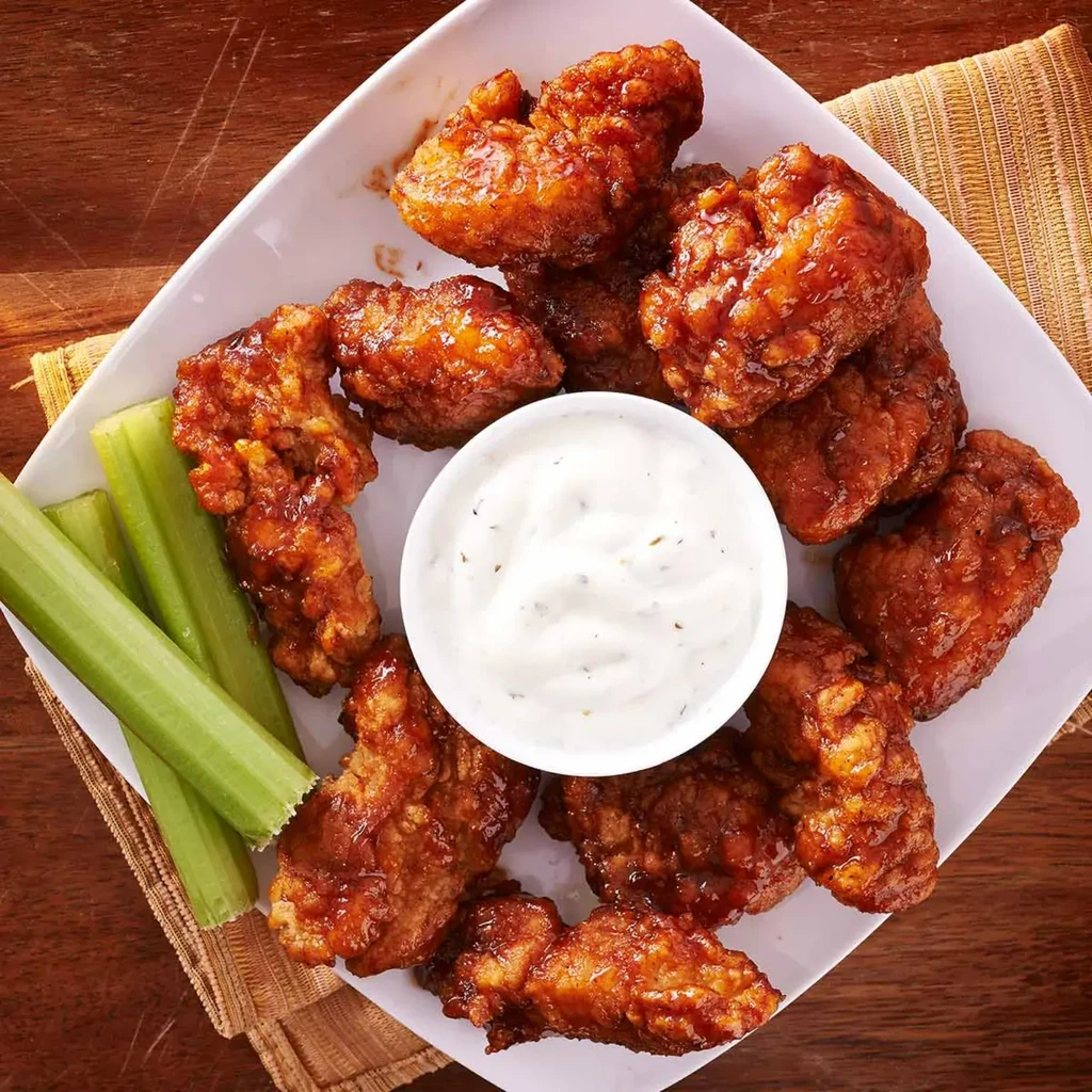 Plate of glistening chicken wings, creamy dip, and celery sticks.