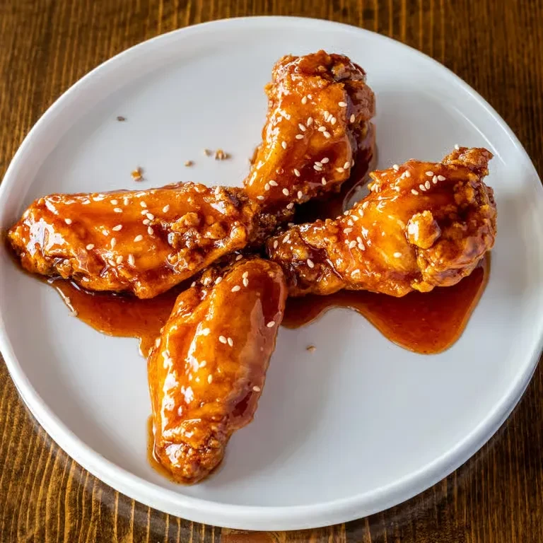 Four crispy chicken wings with glossy amber sauce and sesame seeds.