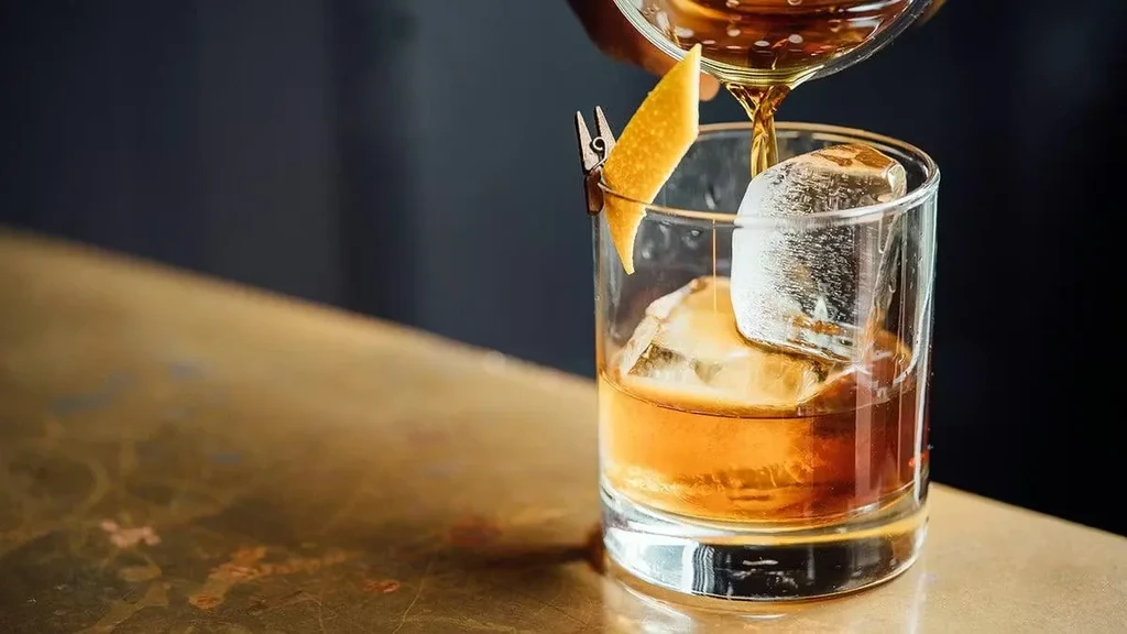 Bartender pours amber liquid into ice-filled glass with an orange peel.
