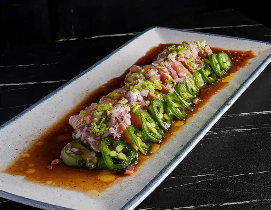Plated ceviche or tartare with red onions, green herbs, jalapeños, and sauce.