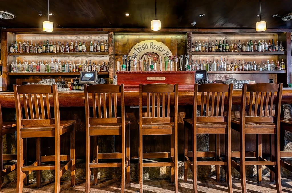 Empty rustic pub bar with wooden stools and stocked shelves.