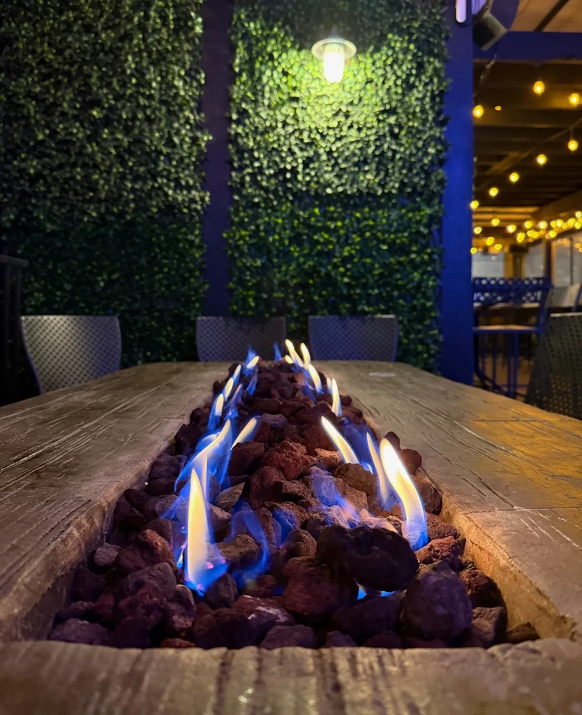 Rectangular fire pit table with blue flames, green foliage, and bistro lights.