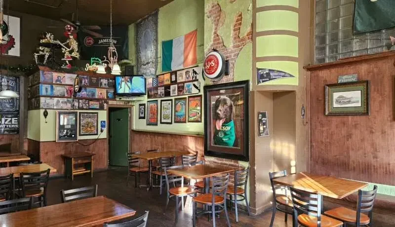 Rustic pub interior with wooden tables, Irish flag, dog portrait.