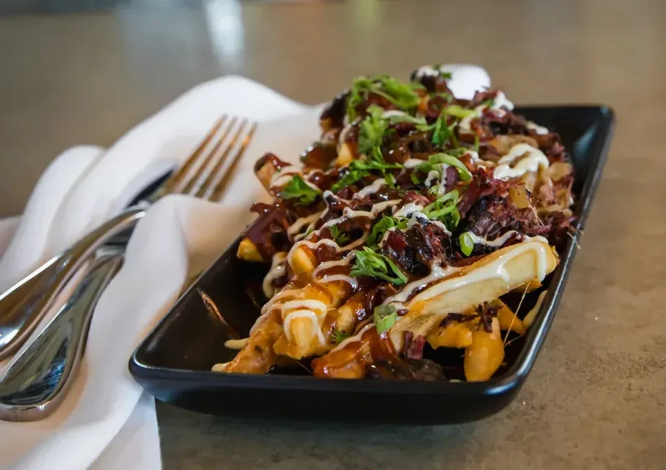 Golden loaded fries with pulled meat, melted cheese, sauces, green onions.