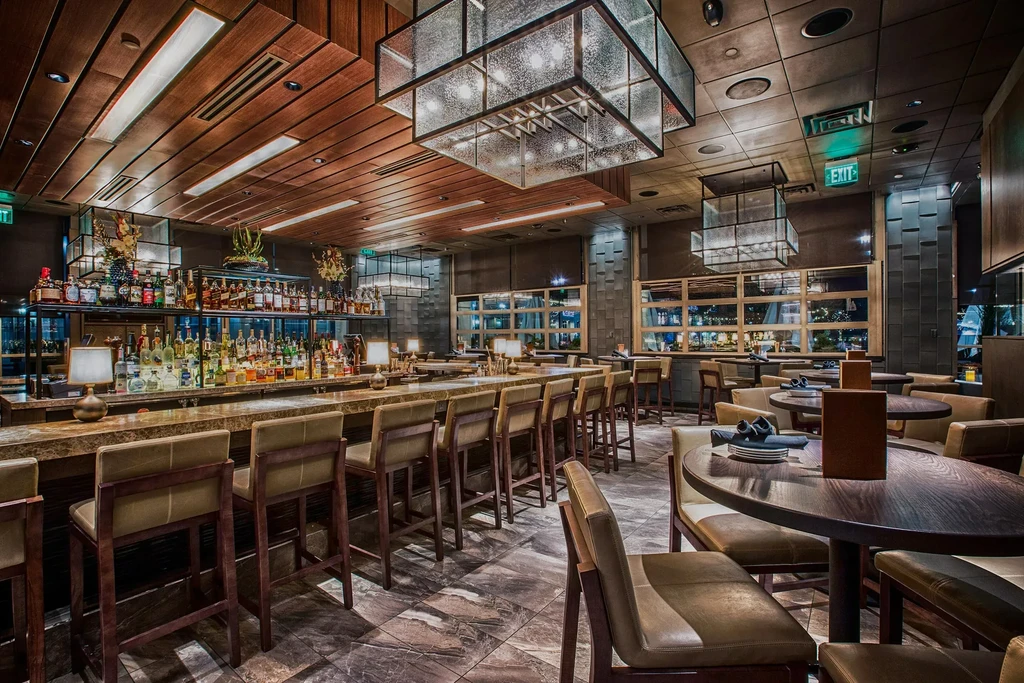 Empty upscale bar and dining room, elegant modern design.