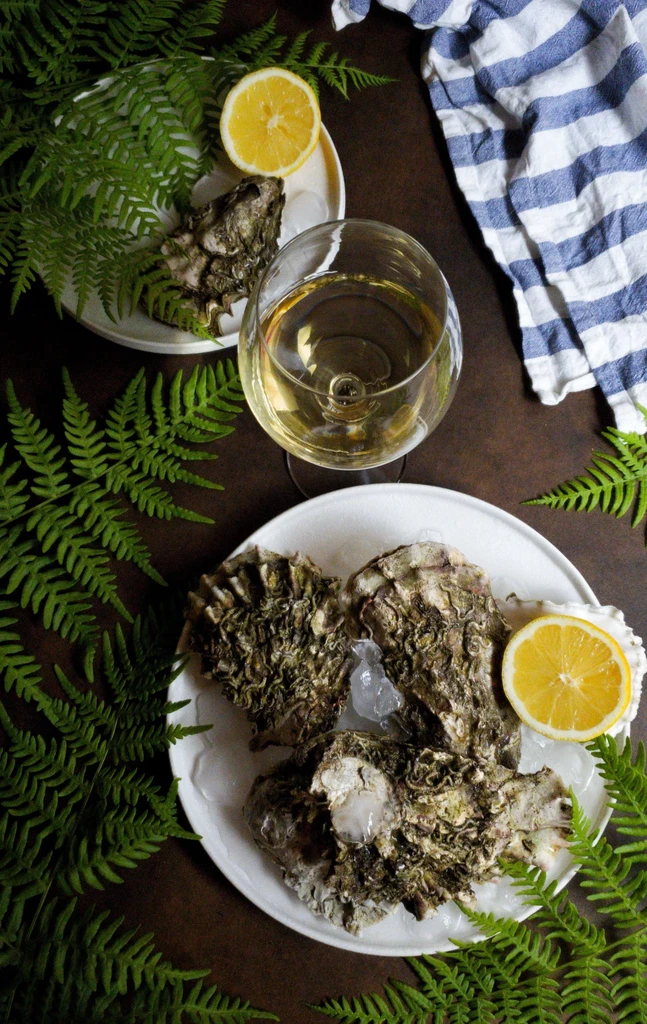 Overhead shot of oysters on ice with white wine, lemon, and ferns.