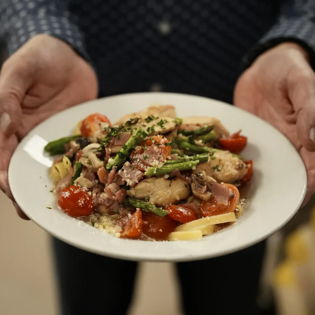 Savory chicken and vegetable pasta dish held by hands.